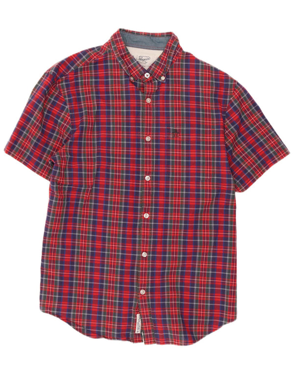 Camisa masculina de manga curta Penguin, algodão xadrez vermelho médio