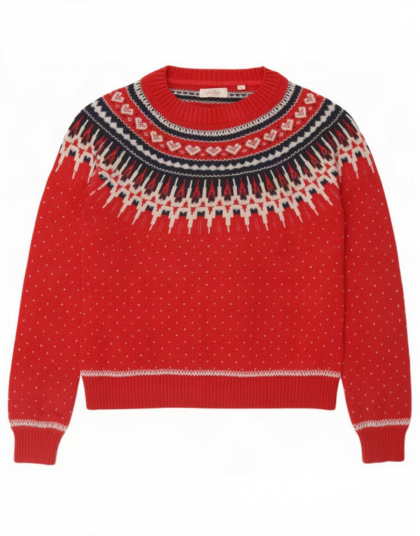 Suéter feminino Fat Face com gola canoa Reino Unido 14 grande algodão vermelho Fair Isle