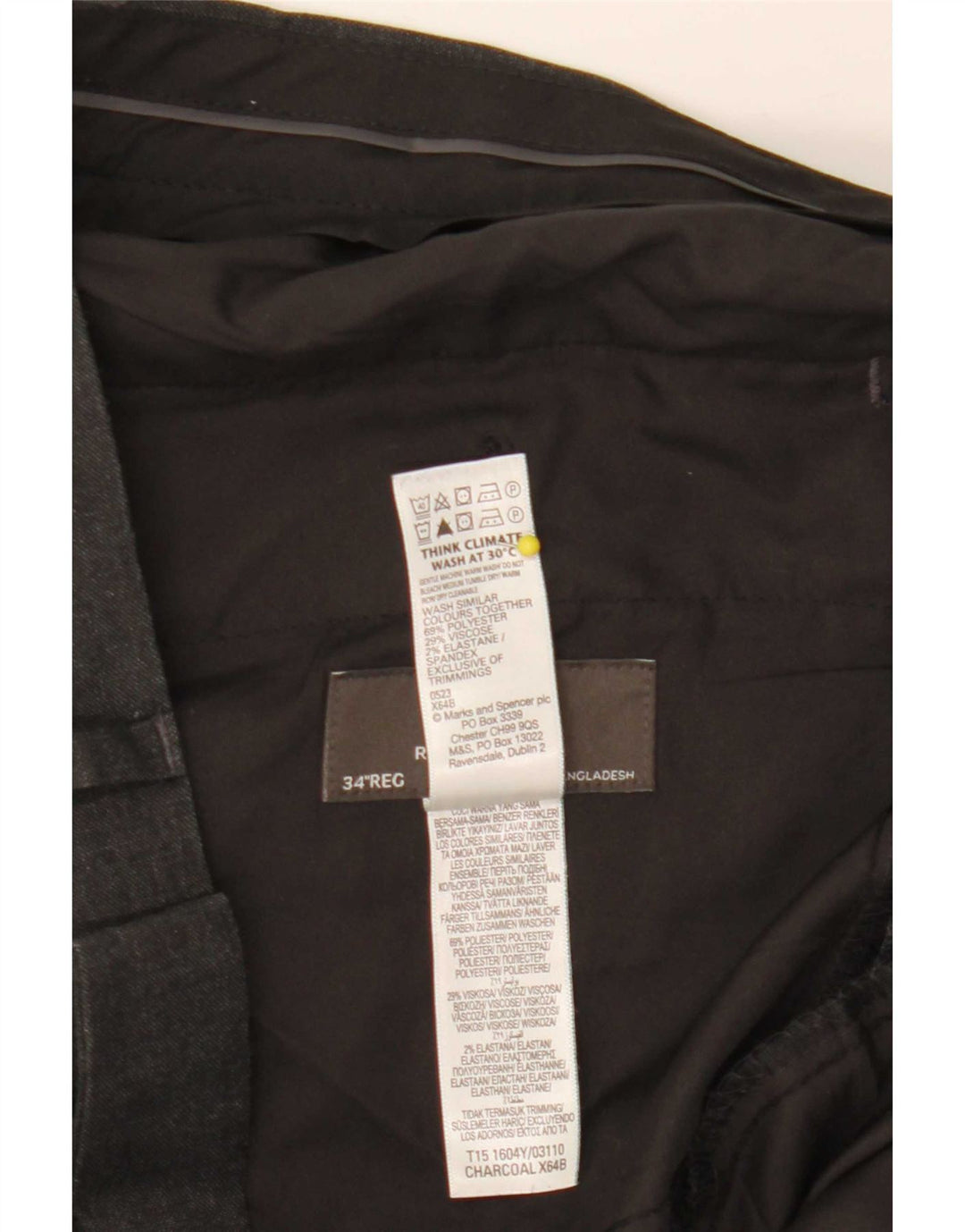 Calça masculina de ajuste regular Marks & Spencer W34 L31 poliéster cinza