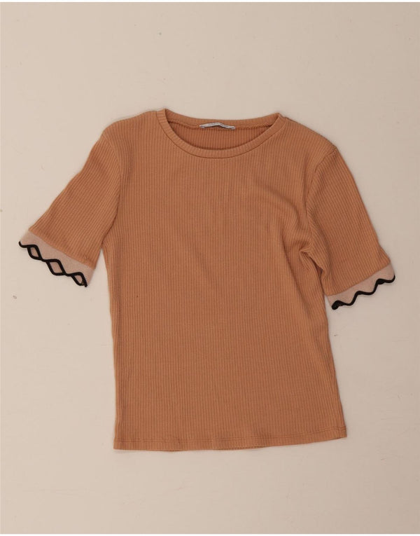 Zara Camiseta Feminina Crop Top UK 10 Pequeno Poliéster Marrom