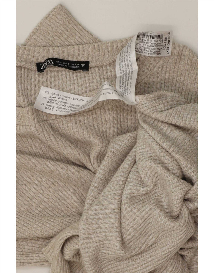 Zara Top feminino com amarração frontal e manga comprida UK 10 Viscose bege pequeno