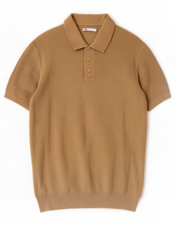 Zara Suéter masculino de manga curta com gola polo e algodão cáqui médio