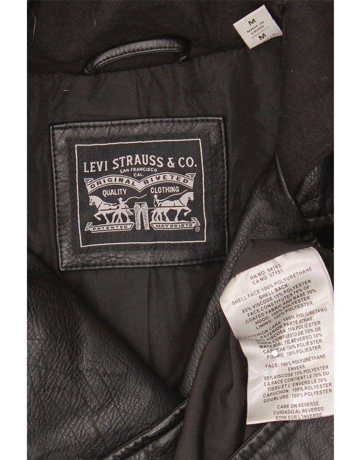 Jaqueta feminina de couro sintético com capuz Levi's UK 12 média preta