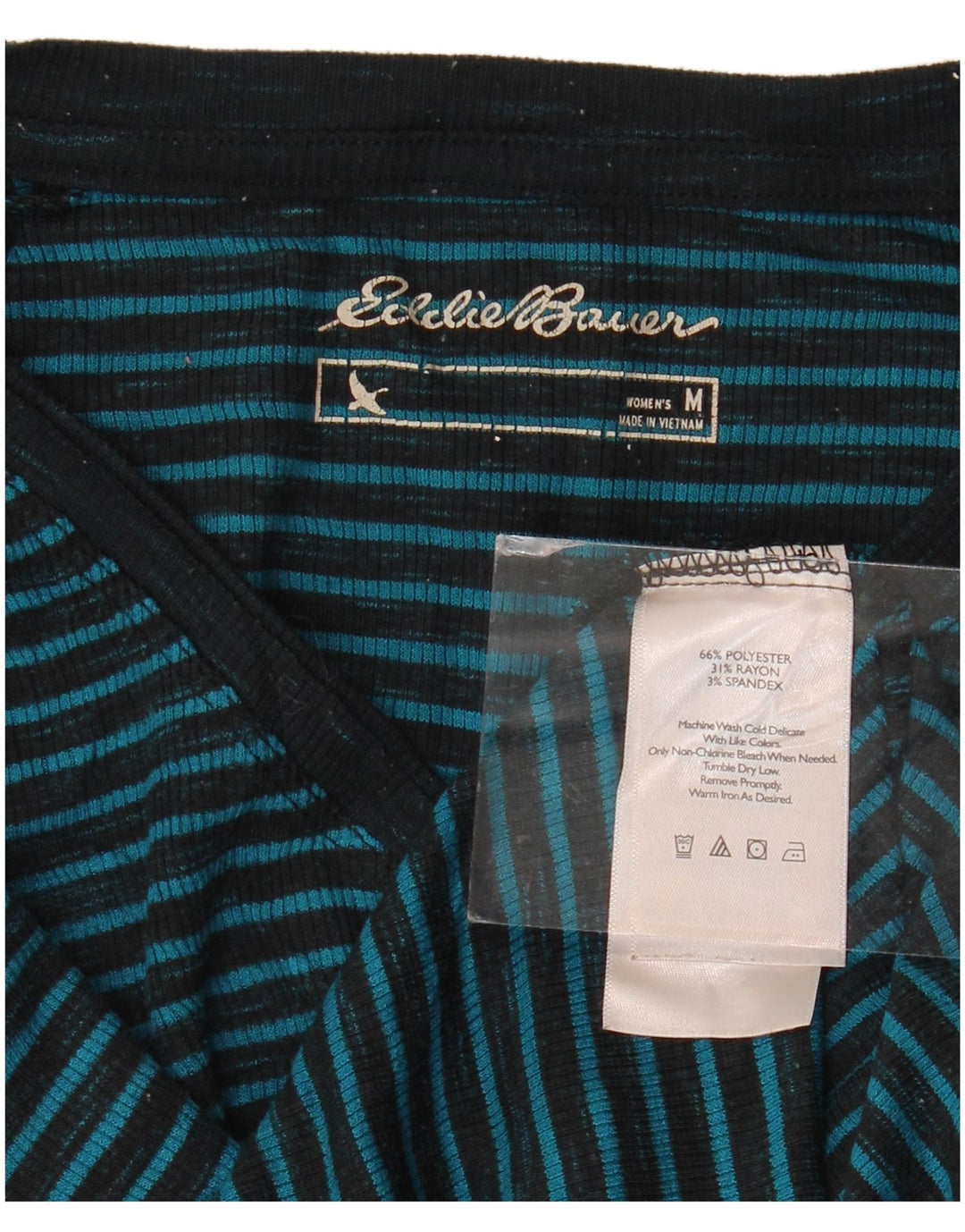EDDIE BAUER Top feminino manga comprida UK 14 poliéster listrado azul médio