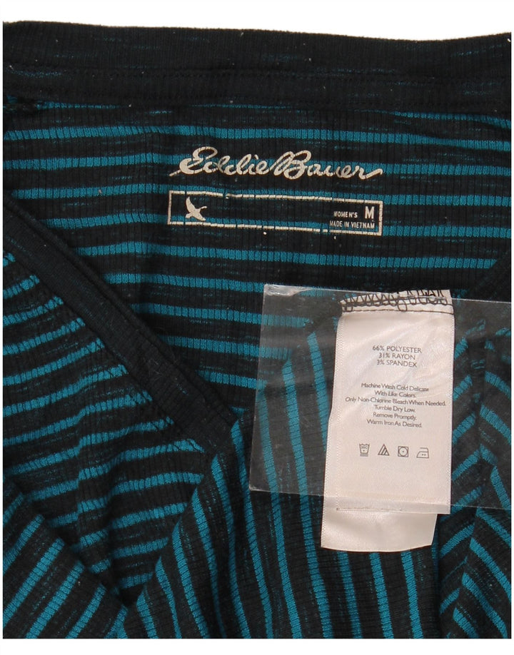 EDDIE BAUER Top feminino manga comprida UK 14 poliéster listrado azul médio