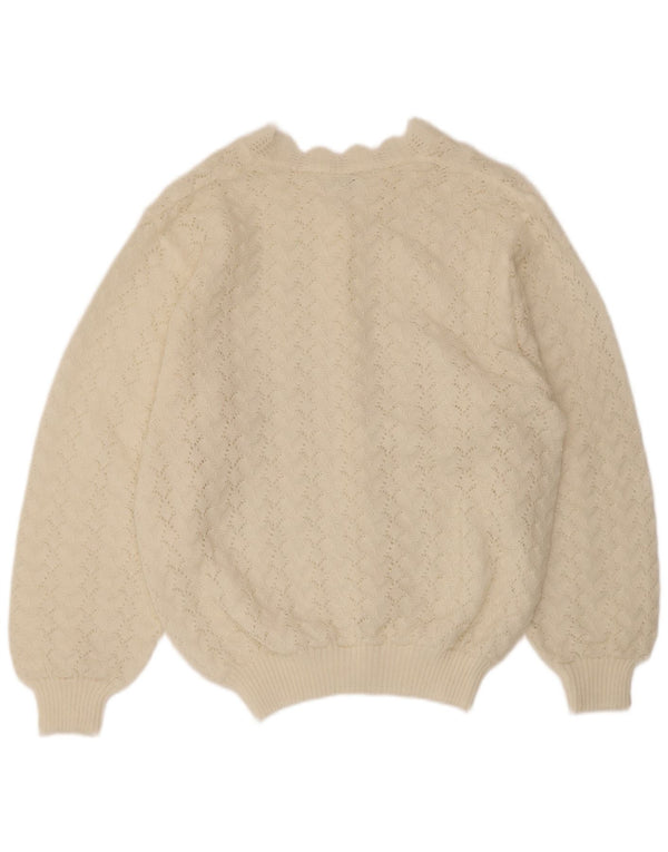 Suéter cardigã feminino vintage Reino Unido 16 grande poliacrílico branco