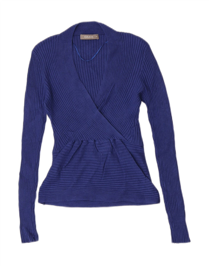 Suéter feminino Oasis com decote em V Reino Unido 12 viscose azul médio