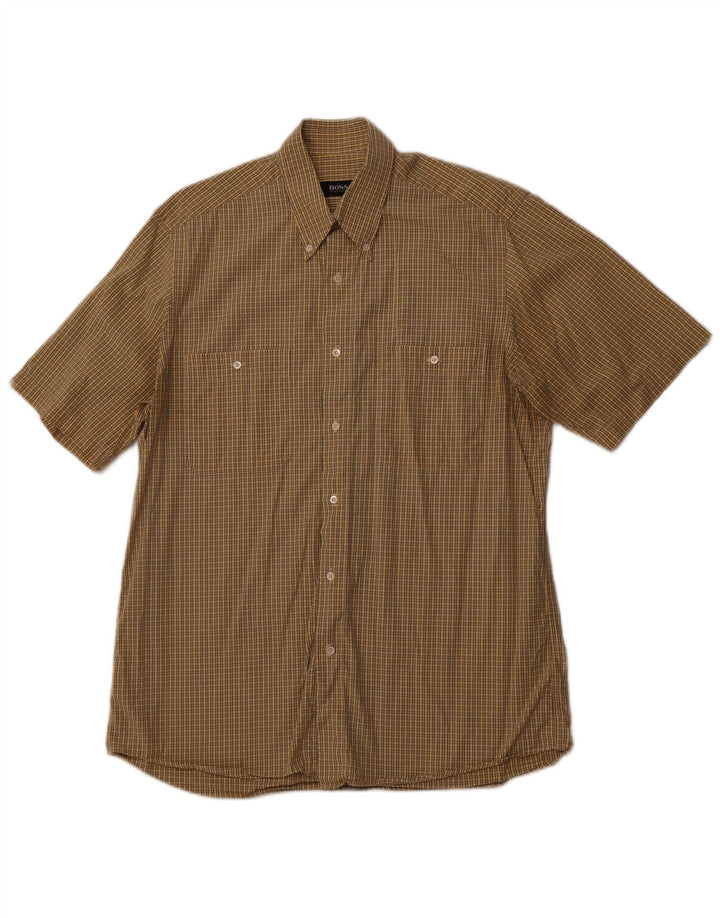 Camisa masculina de manga curta HUGO BOSS tamanho 40 algodão xadrez amarelo médio