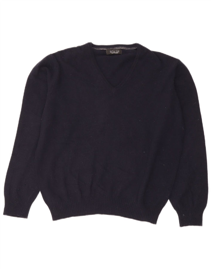 Suéter masculino Zara com decote em V grande lã azul marinho