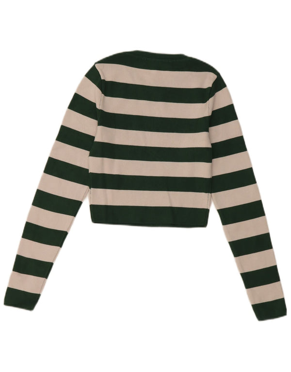 Zara Top curto feminino manga comprida Reino Unido 8 viscose listrada verde pequena