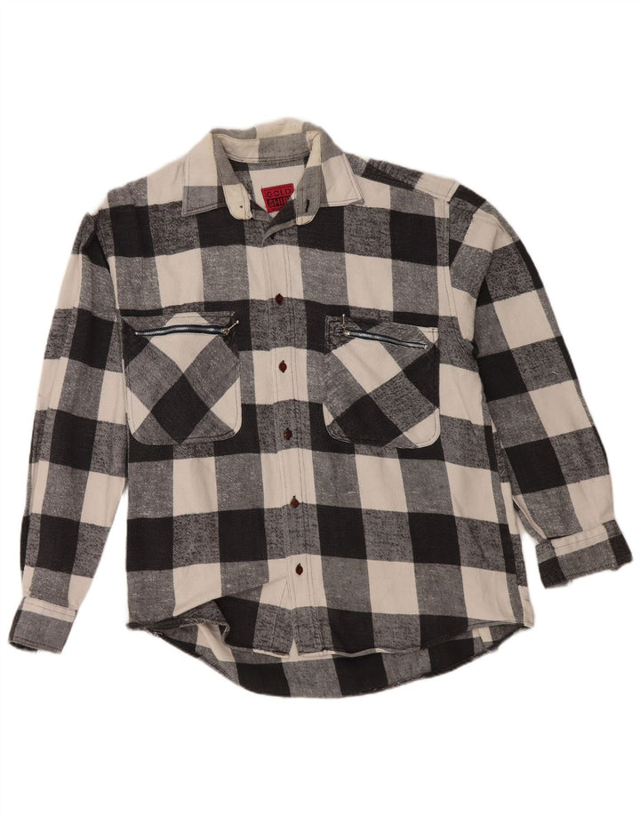 Camisa masculina vintage de flanela, algodão guingão preto médio