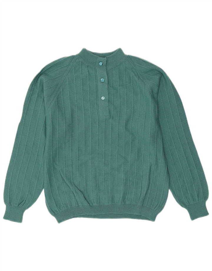 Suéter feminino VINTAGE com gola redonda e botão UK 14 verde médio