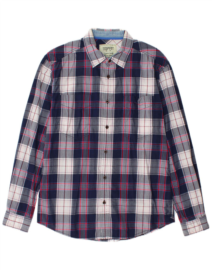 Camisa masculina Esprit Slim Fit média azul marinho xadrez algodão