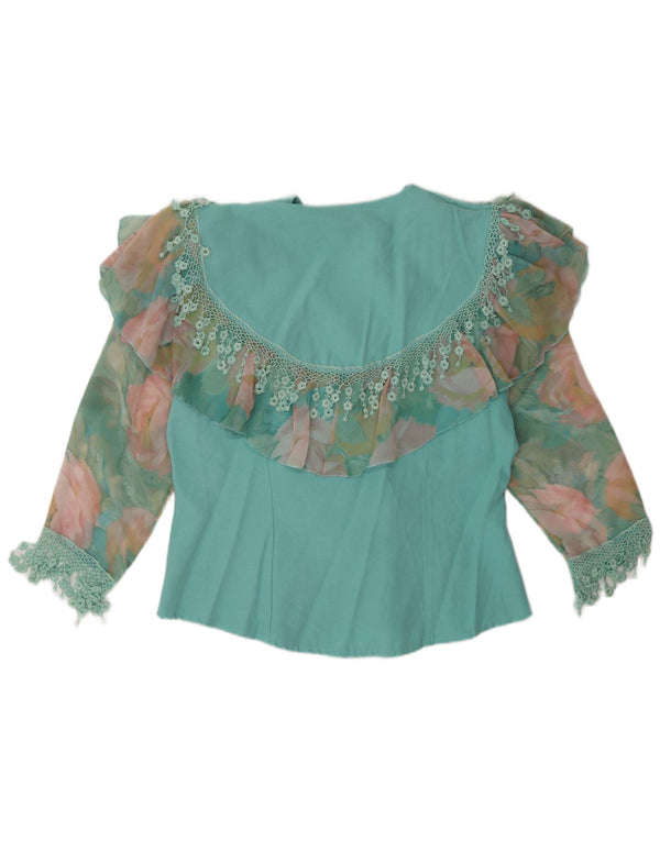 Blusa feminina vintage com babados na frente, Reino Unido 14, médio, turquesa, floral