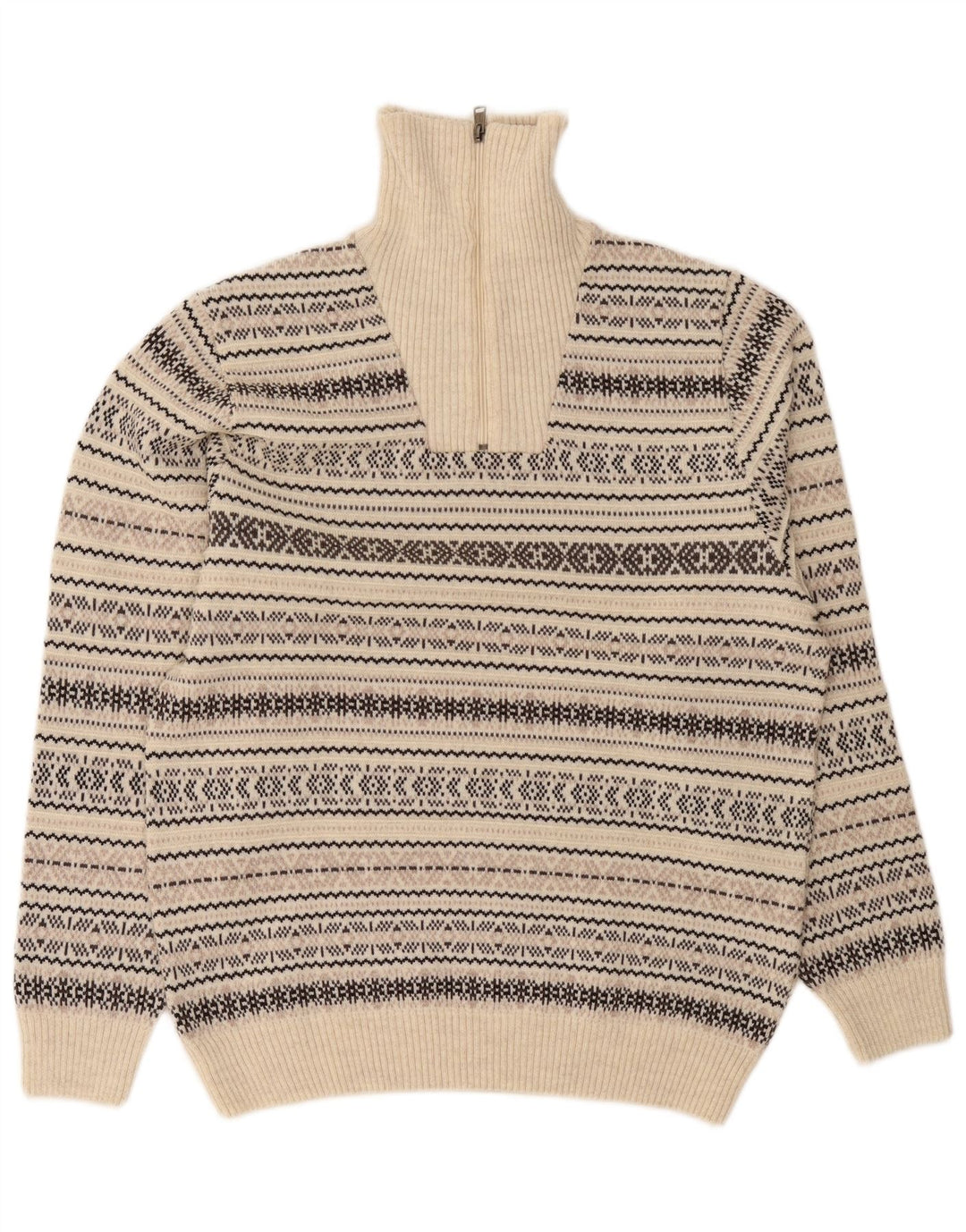 Jim Spencer Suéter masculino com gola e zíper, médio bege, lã Fair Isle