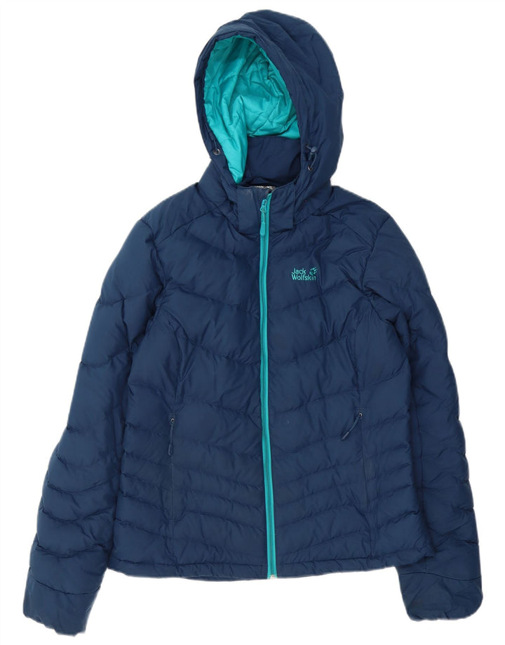 Jaqueta feminina acolchoada com capuz Jack Wolfskin Reino Unido 8/10 pequena azul marinho poliéster