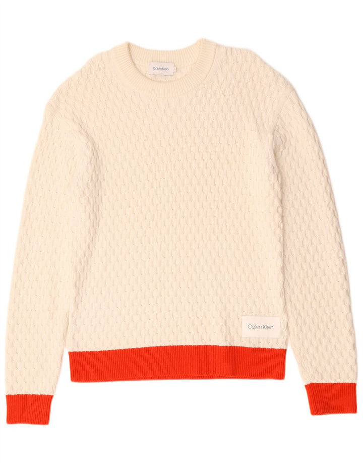 Suéter masculino Calvin Klein com gola redonda, algodão colorblock branco médio