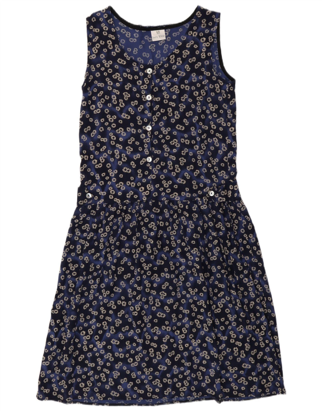 Vestido básico feminino sem mangas VINTAGE Reino Unido 12 viscose floral azul médio