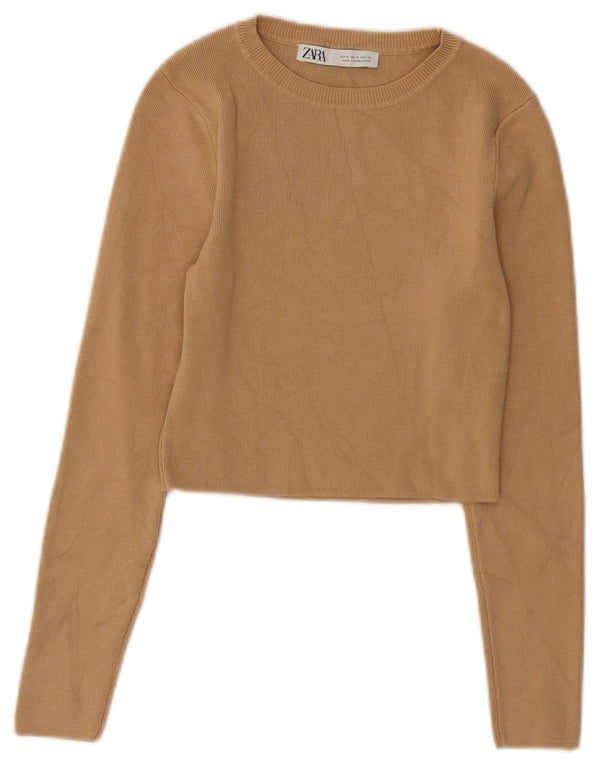 Zara Womens Crop Boat Neck Jumper Sweater UK 12 Medium Beige Viscose