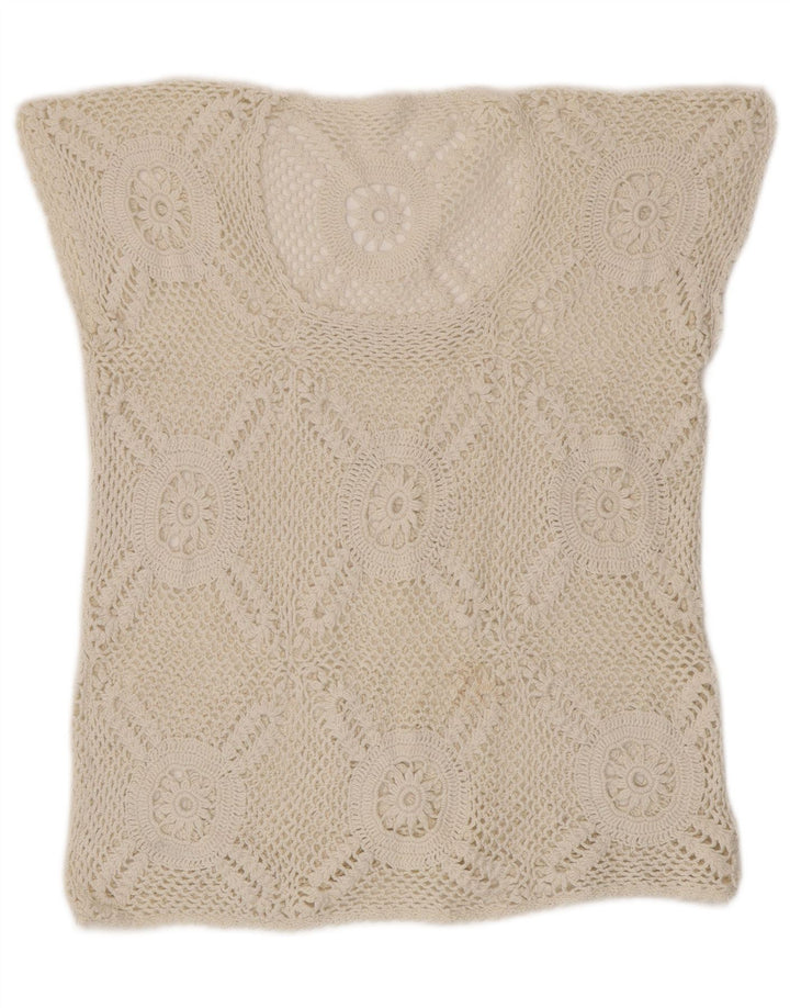 Suéter feminino vintage de manga curta com gola redonda Reino Unido 14 médio branco