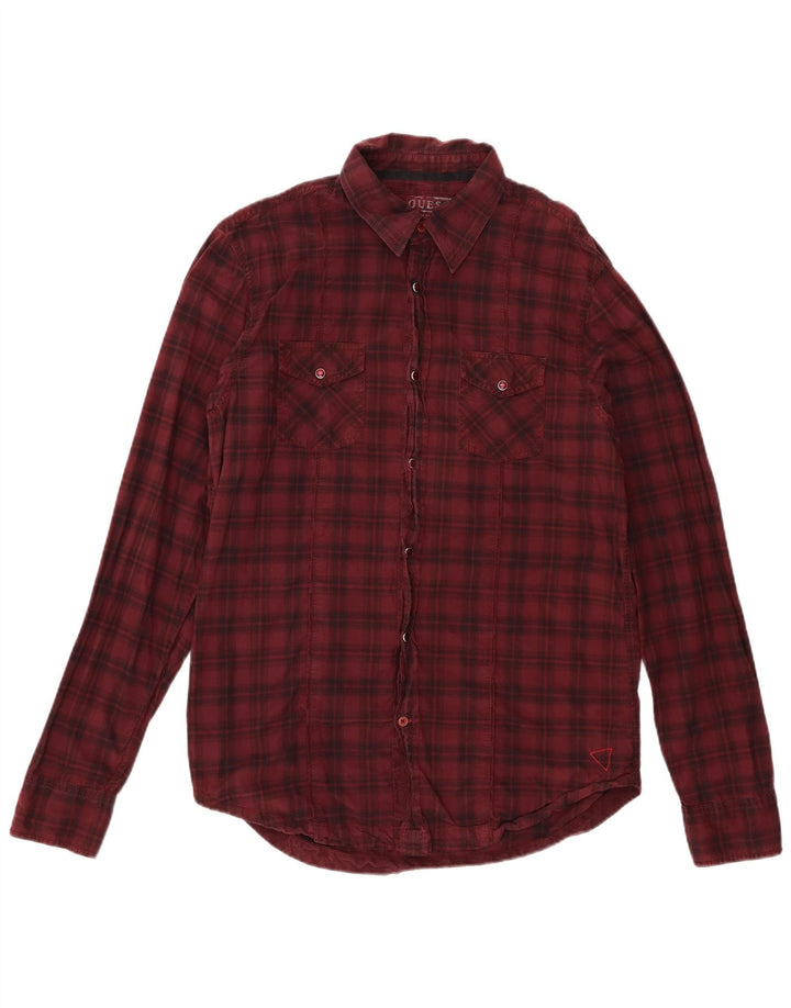 Guess Camisa masculina de flanela gráfica grande algodão xadrez Borgonha