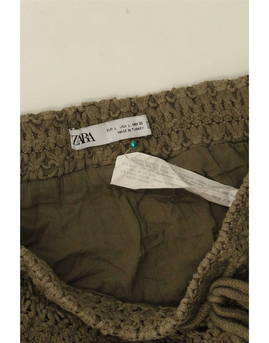 Shorts femininos de crochê Zara grandes W32 algodão cáqui