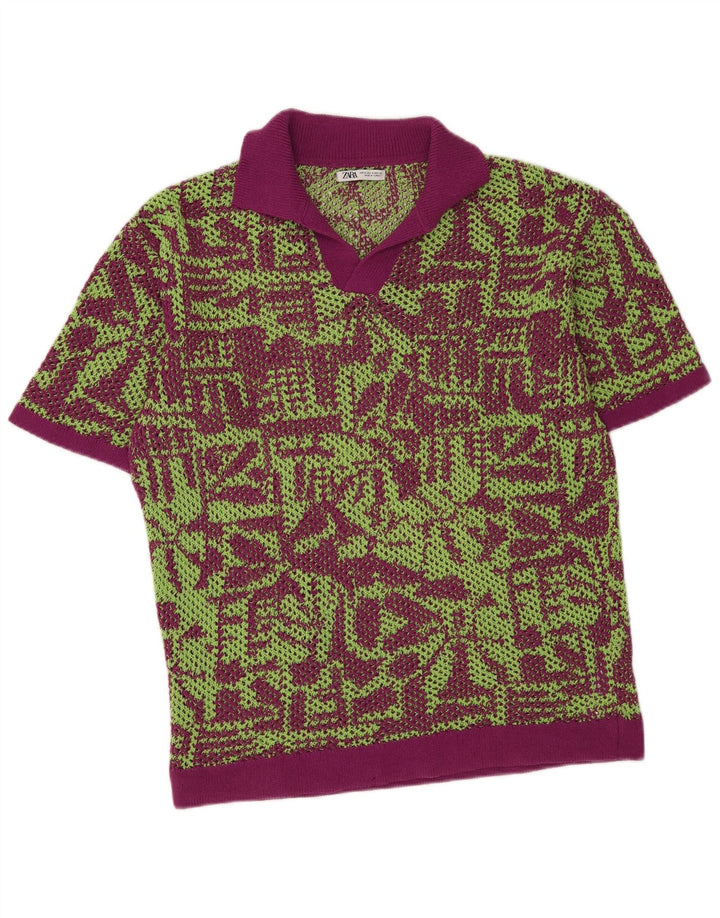 Suéter masculino Zara com gola polo transparente médio roxo geométrico