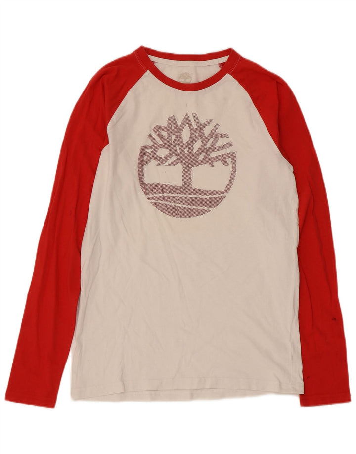 Top gráfico feminino Timberland manga comprida UK 10 pequeno bloco colorido branco