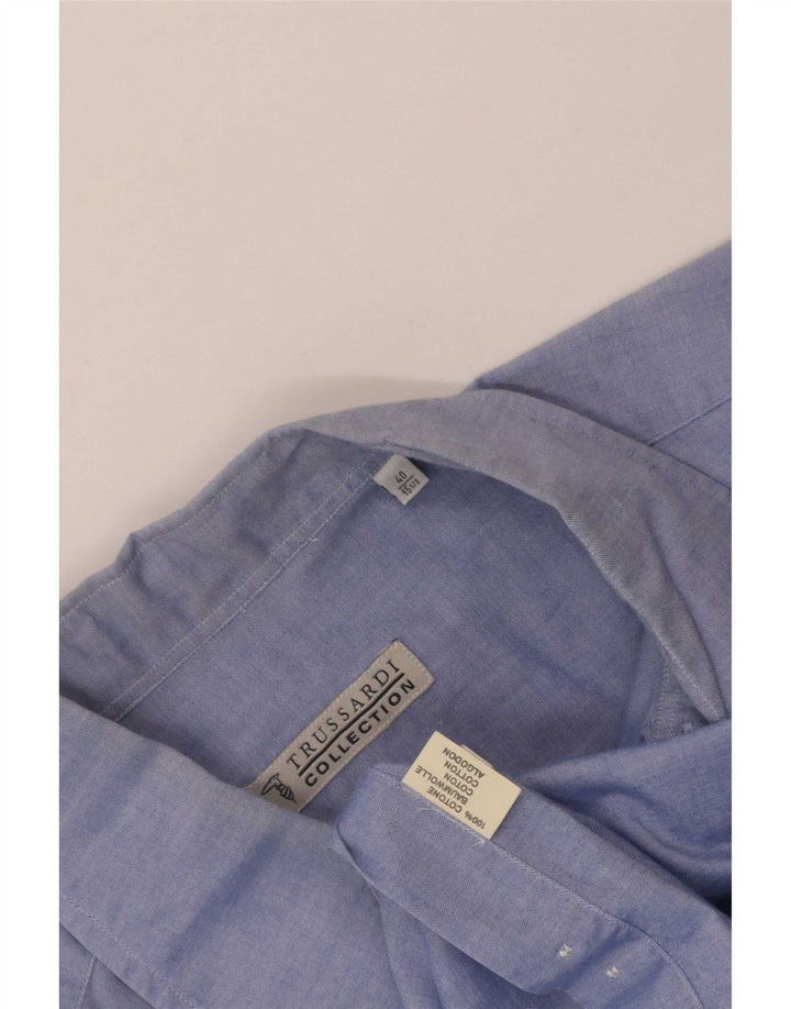 Trussardi Jeans Camisa masculina tamanho 40 15 1/2 algodão azul médio