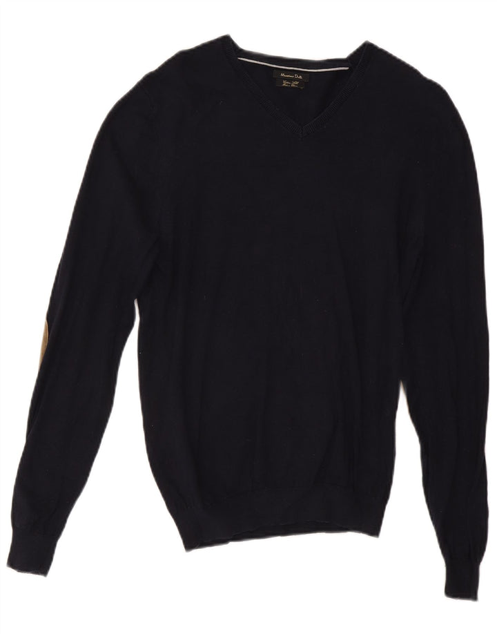 MASSIMO DUTTI Womens V-Neck Jumper Sweater UK 14 Medium Navy Blue Cotton Vintage Massimo Dutti and Second-Hand Massimo Dutti from Messina Hembry 