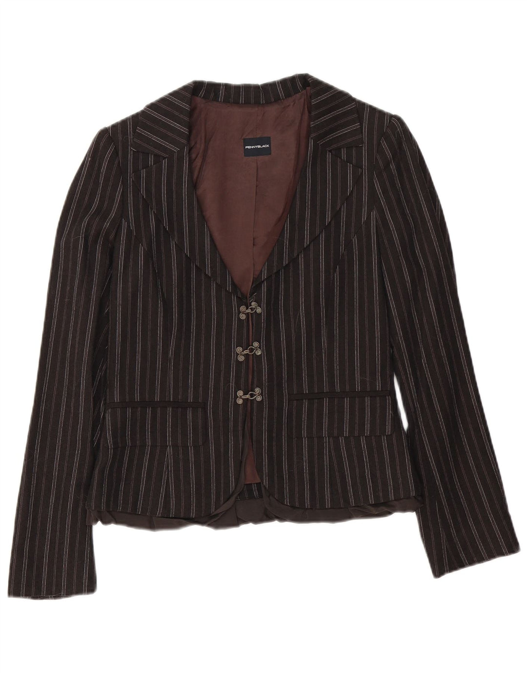Jaqueta blazer feminina Penny Black com 3 botões Reino Unido 12 algodão listrado marrom médio