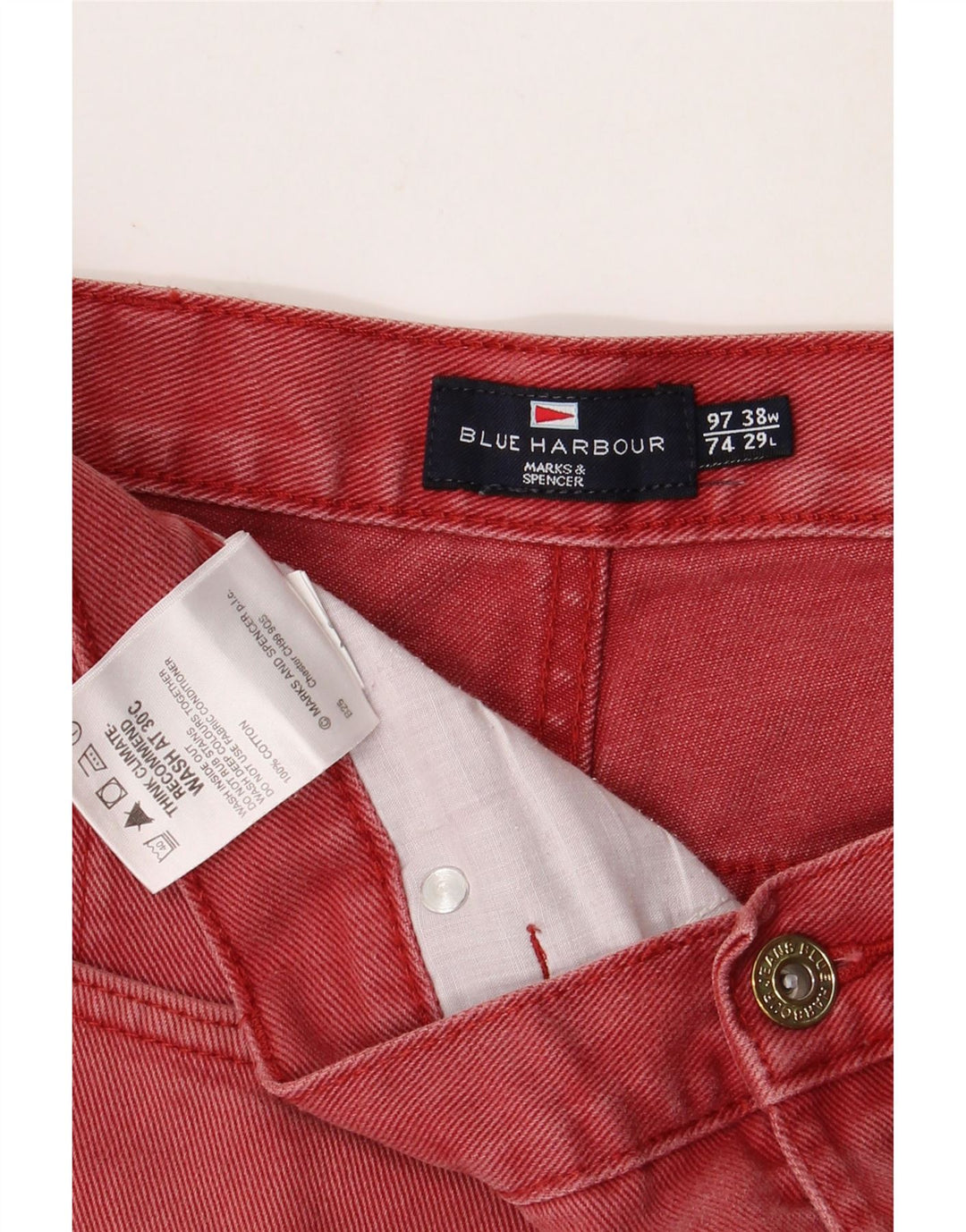 Calça jeans masculina Marks & Spencer Blue Harbor cortada W38 L24 algodão vermelho