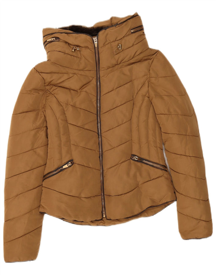 Jaqueta acolchoada feminina Zara UK 12 poliéster marrom médio