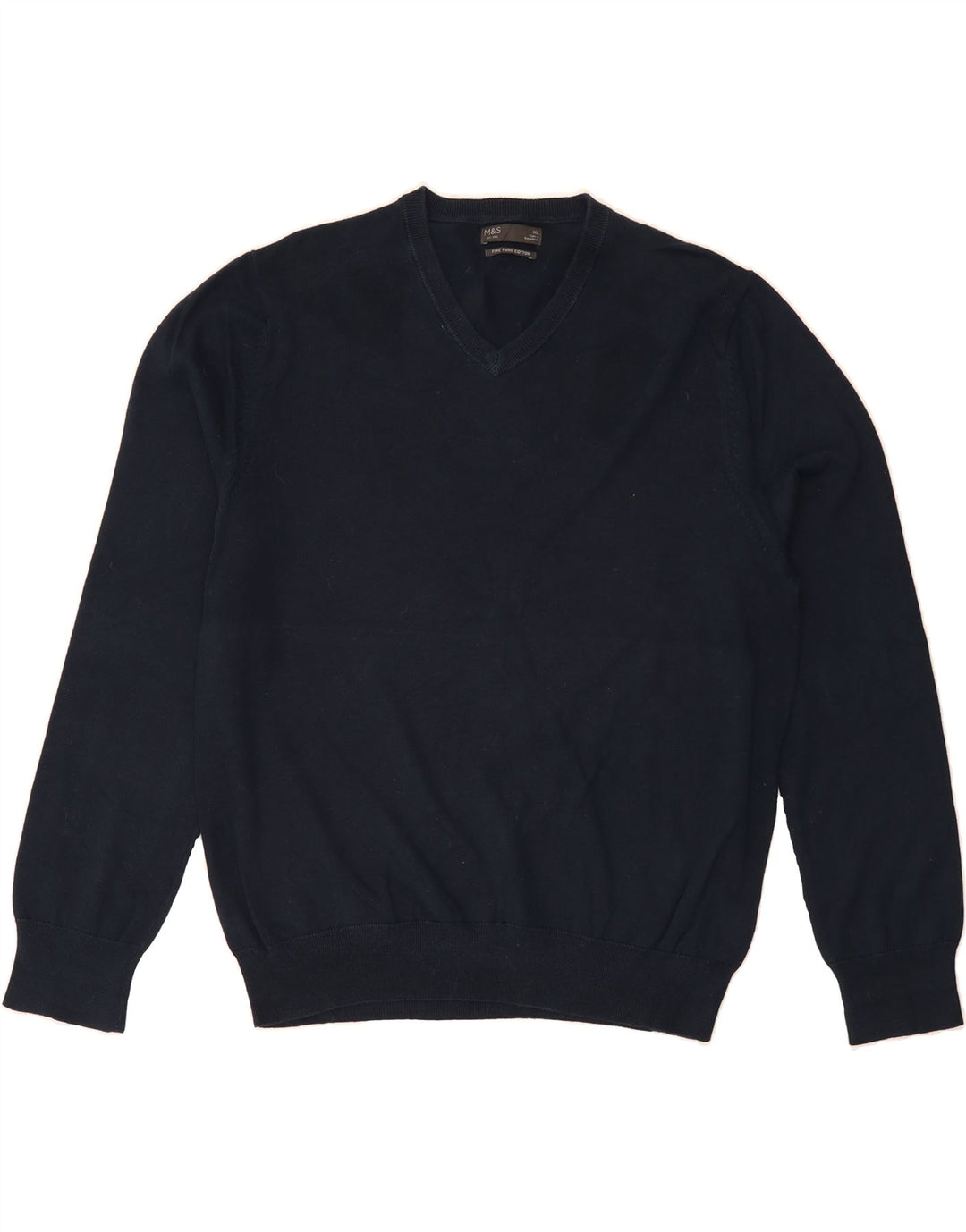 MARKS & SPENCER Mens V-Neck Jumper Sweater XL Navy Blue Cotton Vintage Marks & Spencer and Second-Hand Marks & Spencer from Messina Hembry 