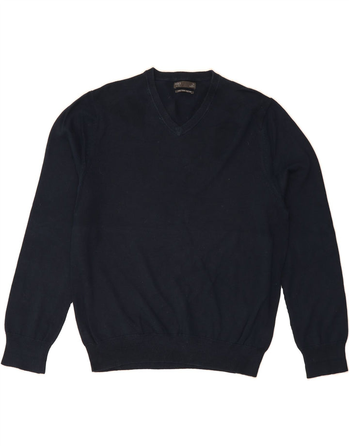 MARKS & SPENCER Mens V-Neck Jumper Sweater XL Navy Blue Cotton Vintage Marks & Spencer and Second-Hand Marks & Spencer from Messina Hembry 