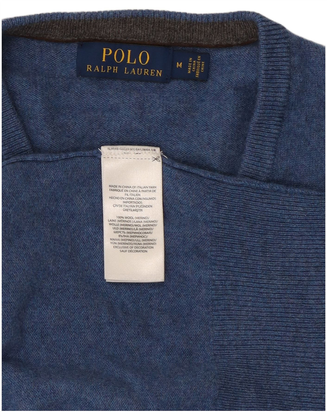 Suéter masculino Polo Ralph Lauren com decote em V de lã azul médio