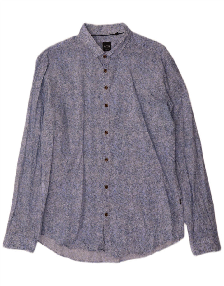 Camisa masculina Hugo Boss com estampa abstrata slim fit grande algodão azul