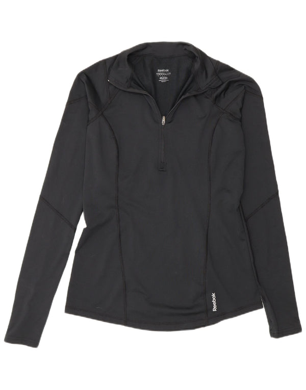 Reebok Womens Zip Neck Pullover Treino Top UK 12 Médio Preto Poliéster