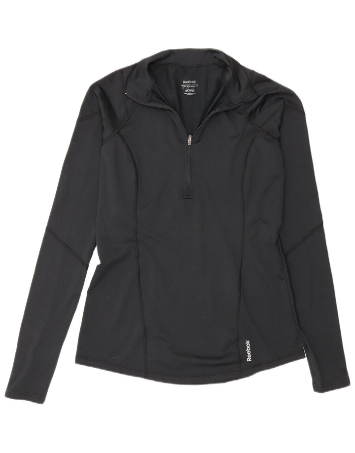 Reebok Womens Zip Neck Pullover Treino Top UK 12 Médio Preto Poliéster
