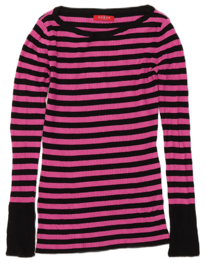 Top feminino Guess de manga comprida UK 8 listrado rosa pequeno