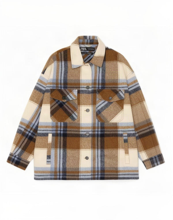 Camisa feminina oversized de flanela Zara UK 10 pequena xadrez marrom
