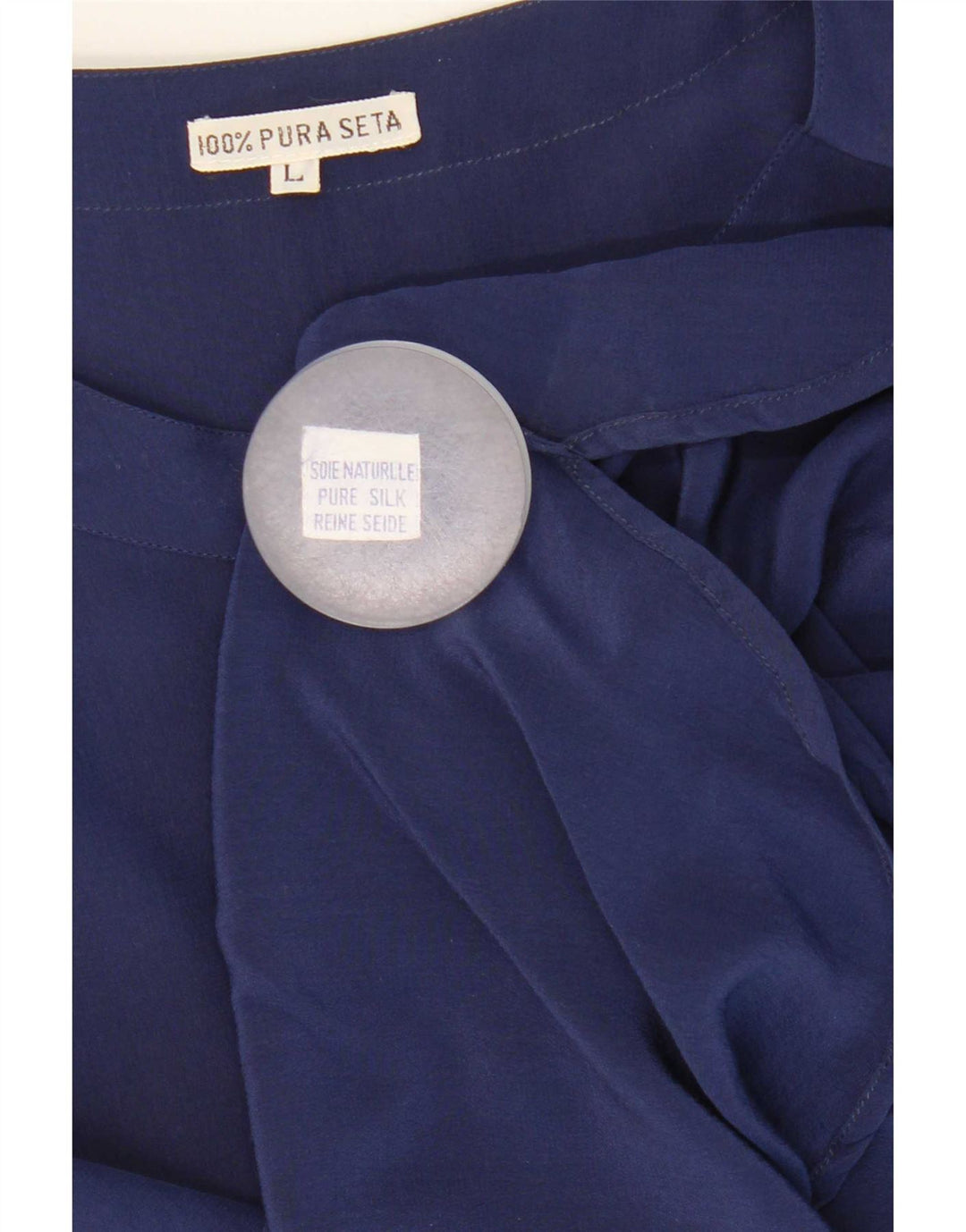 Blusa feminina vintage transparente Reino Unido 16 grande seda azul marinho