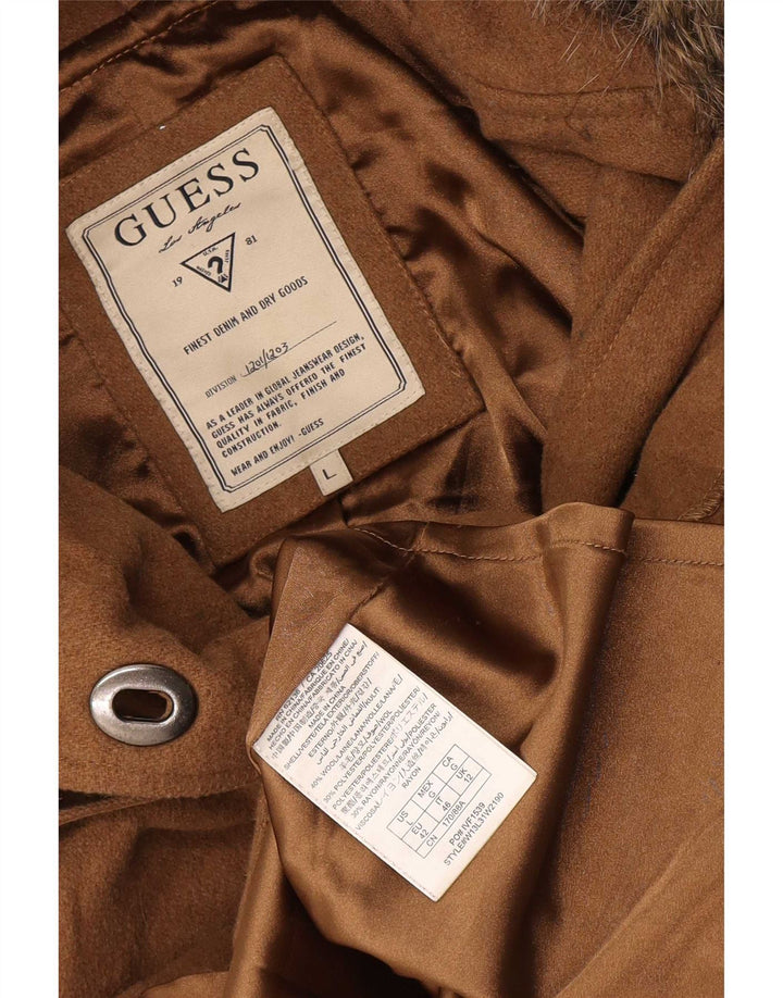 Sobretudo feminino curto com capuz Guess UK 12 lã bege médio