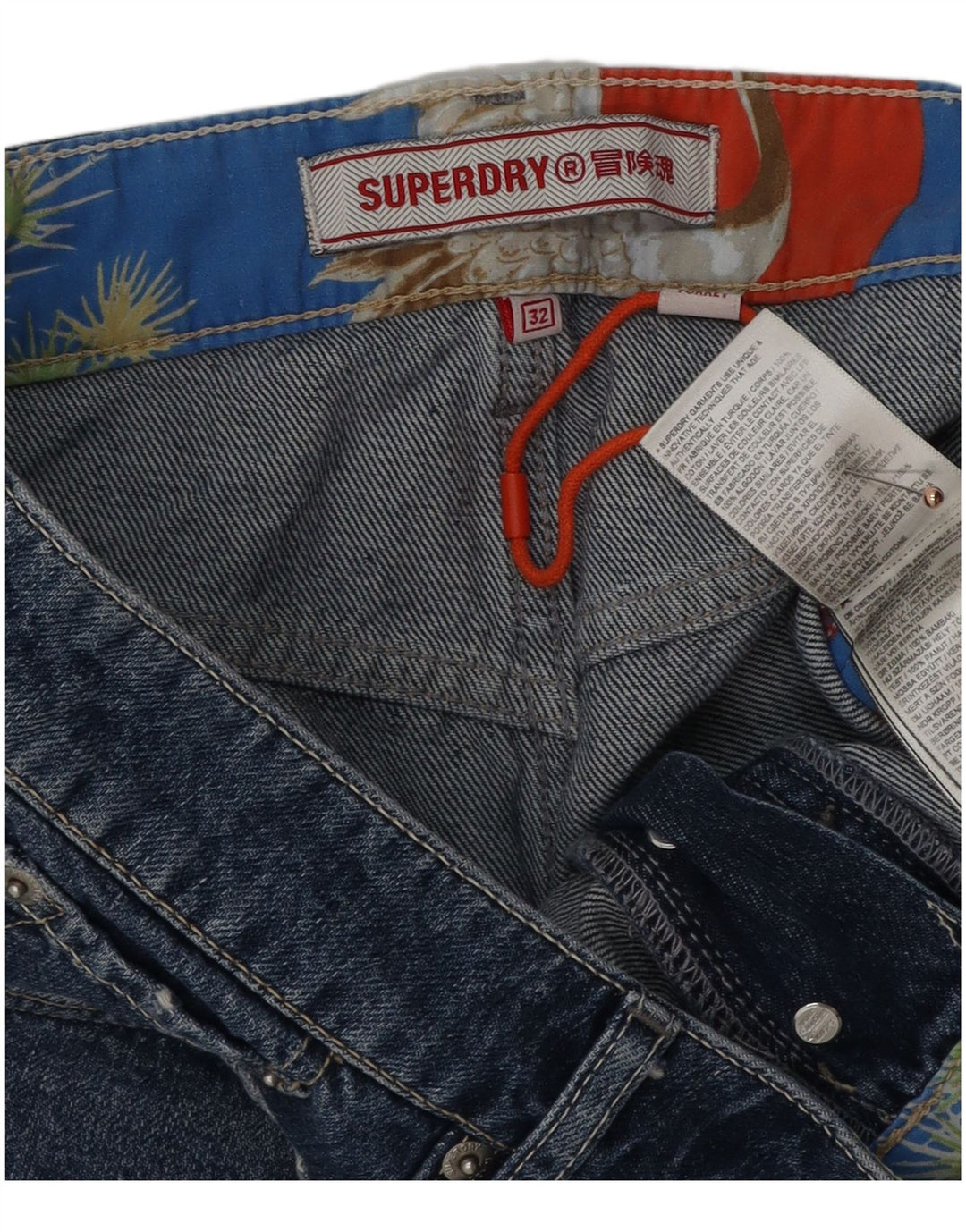 Shorts jeans feminino SUPERDRY desgastado W32 grande algodão azul