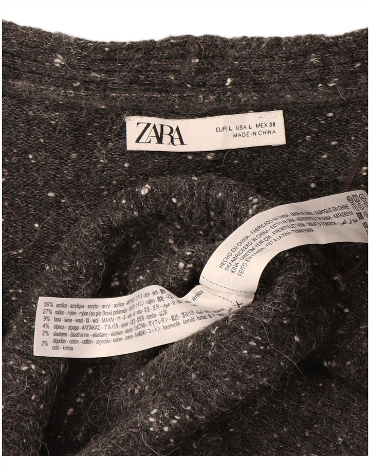 Suéter cardigã feminino com palangre ZARA Reino Unido 16 grande acrílico manchado cinza