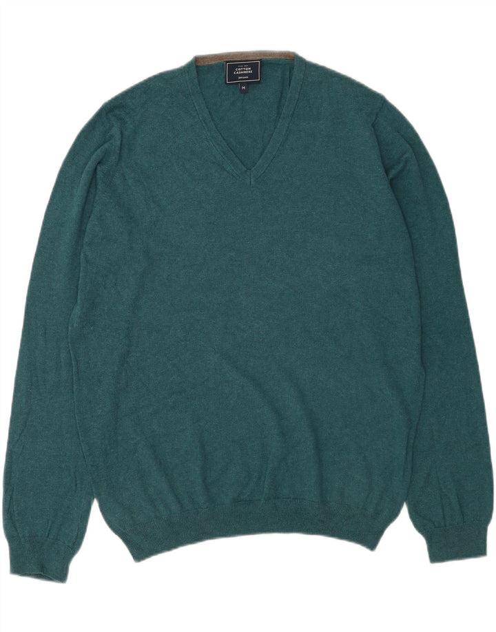 Suéter masculino John Lewis com decote em V de algodão azul médio