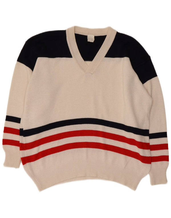 Suéter masculino vintage com decote em V XL branco colorblock algodão