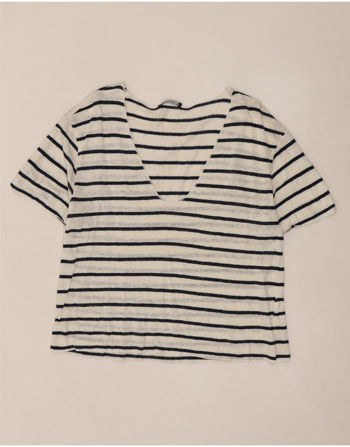 Camiseta feminina Zara UK 14 grande listrada branca