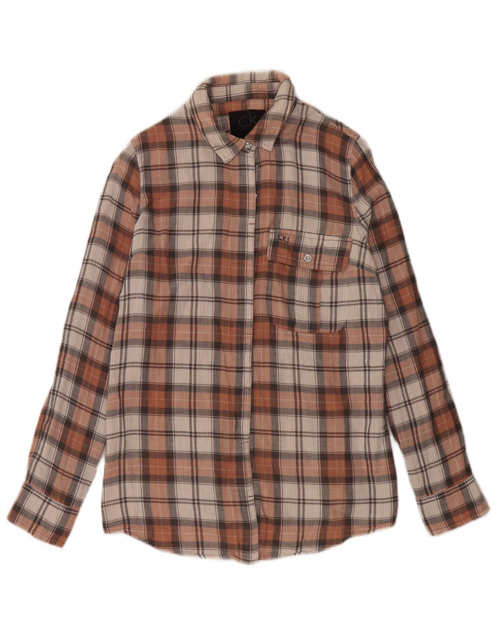 Camisa feminina Calvin Klein Jeans UK 10 pequena algodão xadrez multicolorido