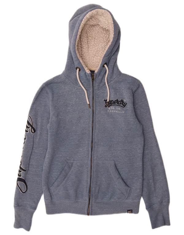 Suéter feminino Superdry com capuz e zíper gráfico UK 8 pequeno algodão manchado azul